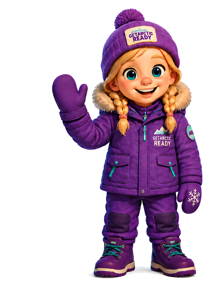 Lunah, the Get Arctic Ready character in a purple winter suit