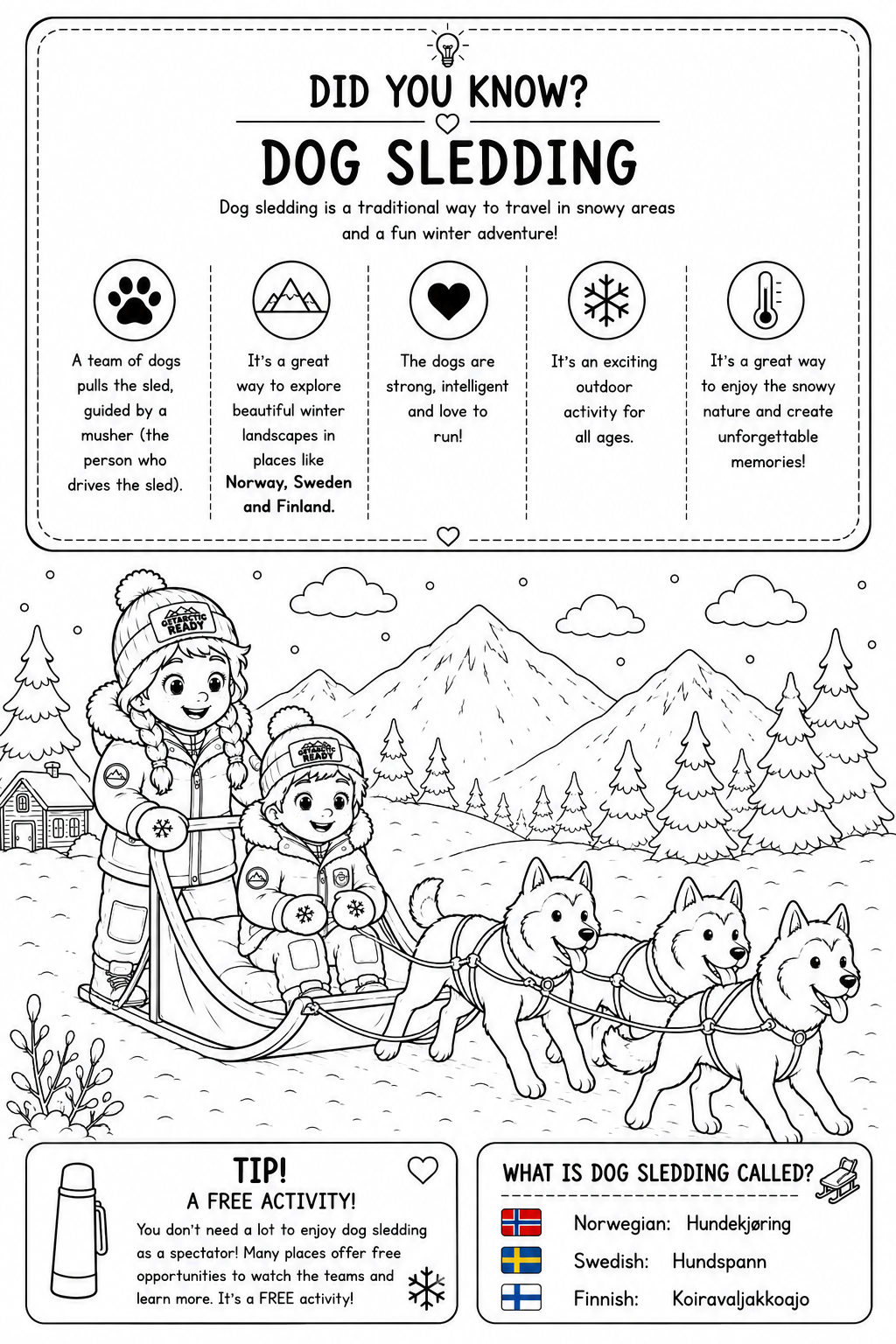 Dog sledding learning and activity page from My Arctic Adventure