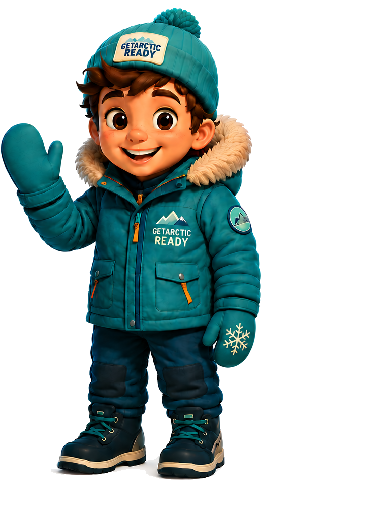 Atlas, the Get Arctic Ready character in a teal winter jacket