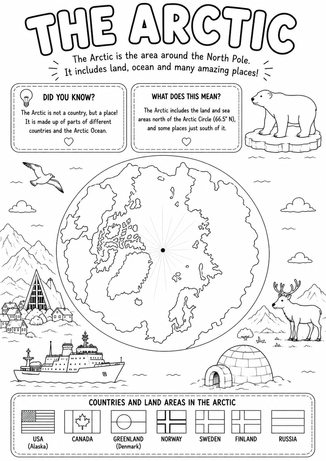 The Arctic learning page from My Arctic Adventure, showing a map of the Arctic to colour
